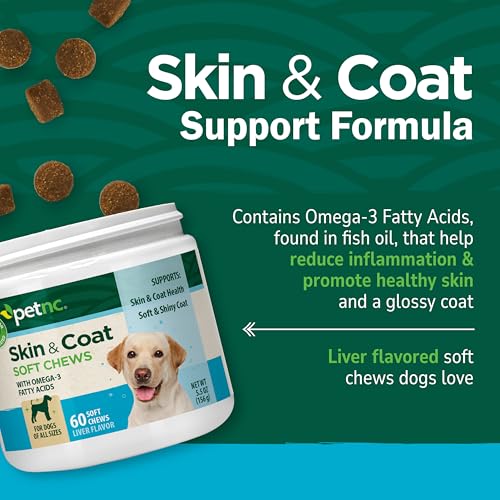 Petnc Natural Care Dog Skin and Coat Supplement (60 Chewables), With Omega 3, EPA & DHA, Promotes Healthy Skin & Glossy Coat, For Dogs 18 Weeks & Older, Liver Flavor