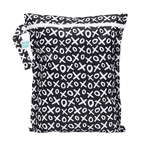 Image of Bumkins Waterproof Wet Bag for Baby, Travel, Swim Suit, Cloth Diapers, Pump Parts, Pool, Gym Clothes, Toiletry, Strap to Stroller, Daycare, Zipper Reusable Bag, Wetdry Packing Pouch, XOXO Black