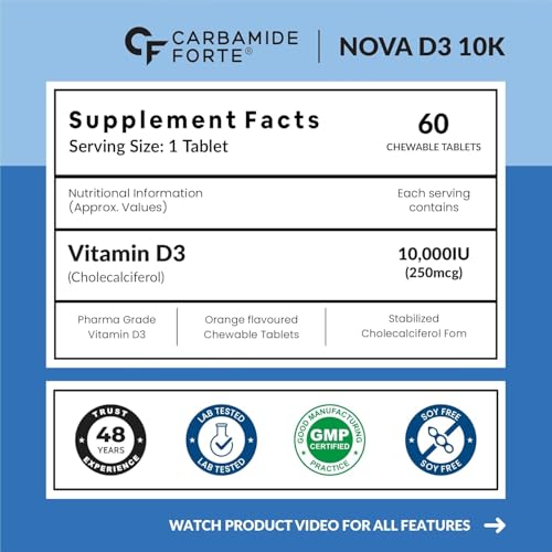 Image of Carbamide Forte Vitamin d3 10000iu | Chewable Vitamin D Tablets | D3 Supplement for Bone & Immunity | Vitamin D3 Supplement for Women & Men | Orange Flavour - 60 Tablets