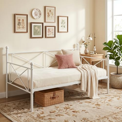VECELO Daybed Twin Size, Day Bed Frame with Headboard, Heavy-Duty Metal Slats Support Platform for Living Room, Guest Room, Easy Assembly, White
