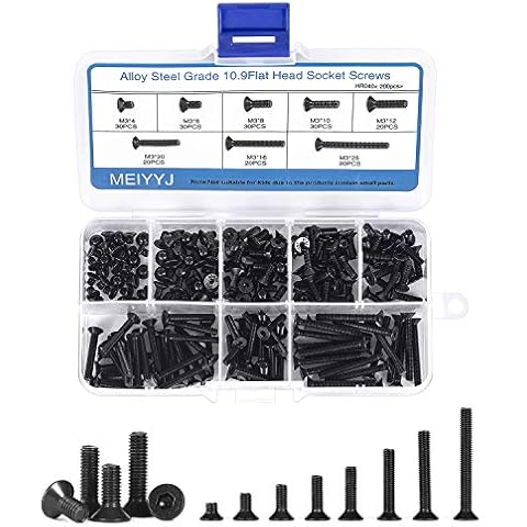 MEIYYJ 10.9 Grade High Tensile Flat Head Socket Cap Screws Hex Socket Countersunk Screw Set M3 Machine Screws Fastener Repair Tools Assortment Kit, Pack of 200 Cover