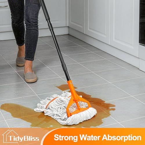 Image of TidyBliss Commercial Mop Heavy Duty, 55 inches Long Handle Large Looped-End Industrial String Floor Cleaner, Professional Dry Wet Cotton Cleaning Tool for Concrete Tile Hardwood Office Garage (Orange)