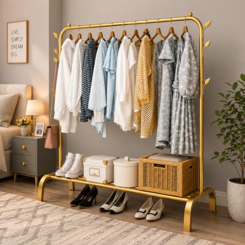 Image of Metal Multifunctional Heavy-Duty Quality Garment Stand Cloth Rack Freestanding Storage Organizer with Bottom Shelves Adjustable Folding Single Pole for Living Room (Gold)