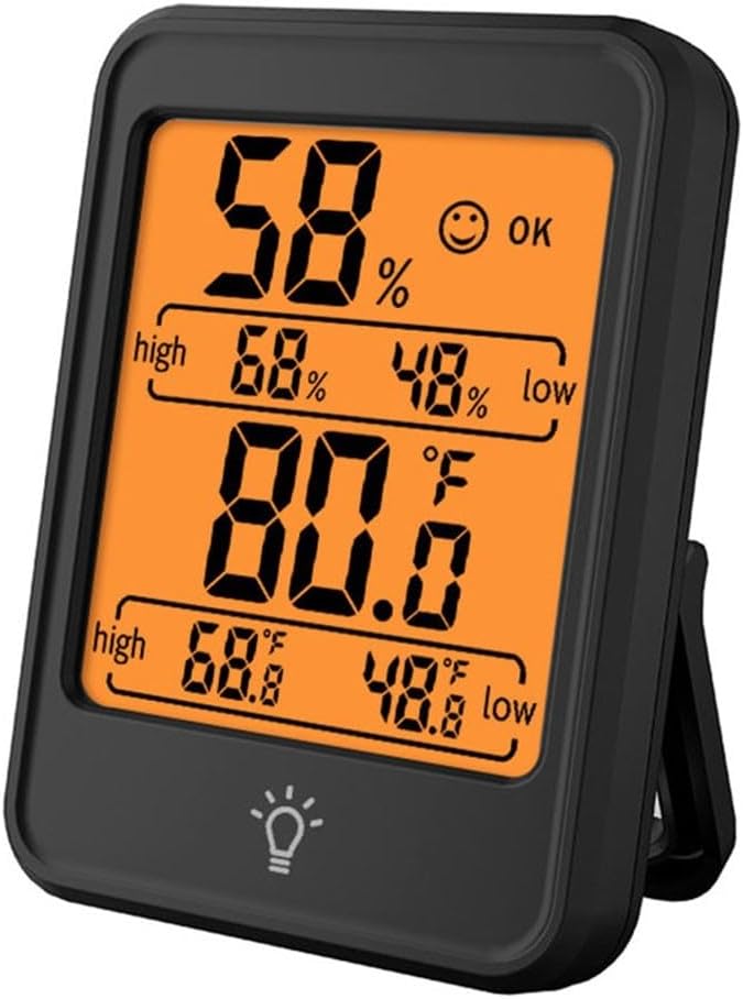 Electronic digital thermometer and hygrometer with large illuminated display and touch functionality for accurate indoor climate monitoring (black)