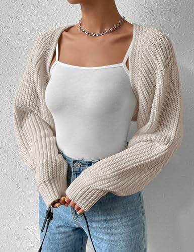 Image of Women's Long Sleeve Open Front Knitted Crop Cardigan Drop Shoulder Knit Bolero Shrug Sweater