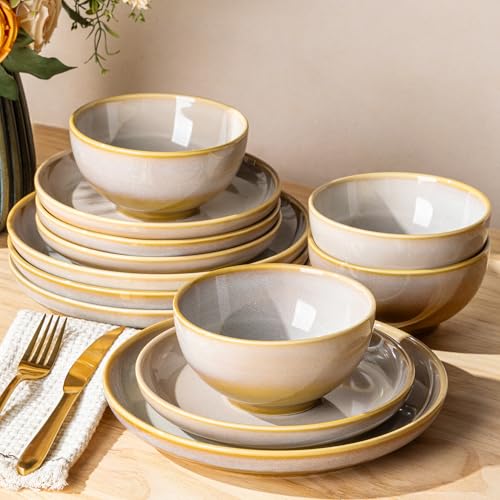 Image of TheTerra Stoneware Dinnerware Sets for 4, 12 Pieces Ceramic Plates and Bowls Sets, Scratch Resistant Dish Set, Oven, Microwave & Dishwasher Safe, Autumn Haze