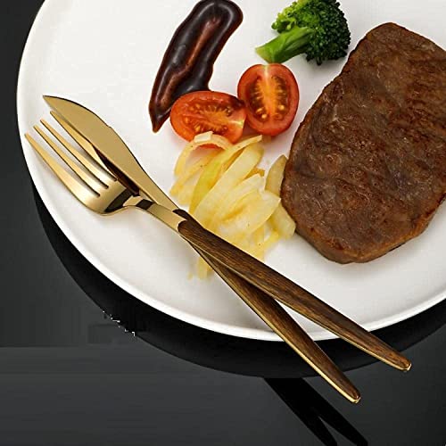 Image of aDai 10 pcs Golden Flatware Cutlery Set - Stainless Steel with Wooden Handle Tableware Set - 4 Spoons, 4 Forks & 2 Steak Knife