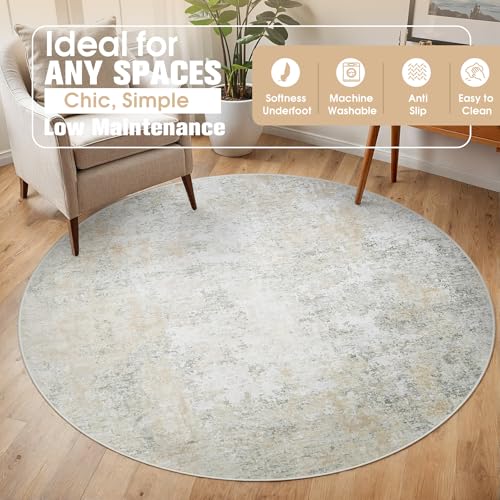 Round Rug 6ft Circle Rug Washable: Carpet Small Circular Area Rug for Entryway Kitchen Bedroom Dining Room Living Room 6 Feet Abstract College Dorm Non Slip Low Pile Beige Grey