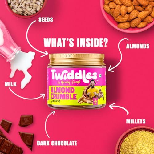 Image of Twiddles by Yuvraj Singh Almond Crumble Chocolate Spread,250G(Crunchy) - Made With 50% California Almonds & Seeds |16G Protein|70% Less Sugar|No Palm Oil|No Preservatives|Tastiest bread Spread