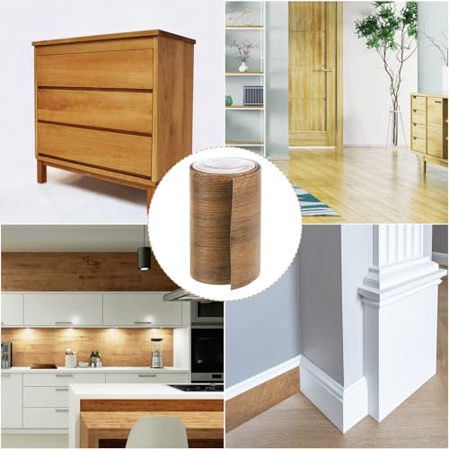 Image of uxcell 1 Roll Wood Grain Tape, 4.72 inch x33 Ft Realistic Textured Repair Tape Self Adhesive Wood Textured Patch with Tool for Floor Wall Door Table Cabinets Furniture Home Decor(Coffee Color)