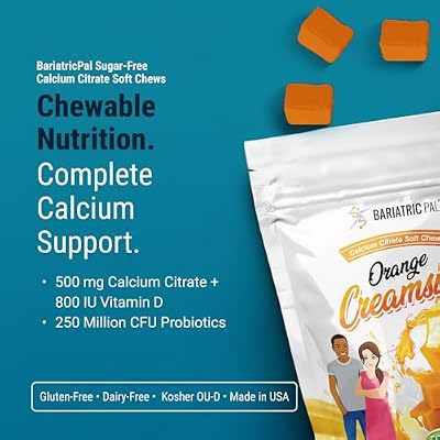 BariatricPal Sugar-Free Calcium Citrate Soft Chews | 500mg with Vitamin D & Probiotics | Orange Creamsicle | 90 Count (1 Month Supply)
