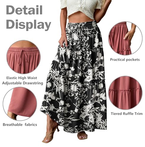 Image of Lepunuo Womens Casual Boho High Waisted Flowy Maxi Skirts Tiered Floral Long Skirts with Pockets for Summer Beach Vacation