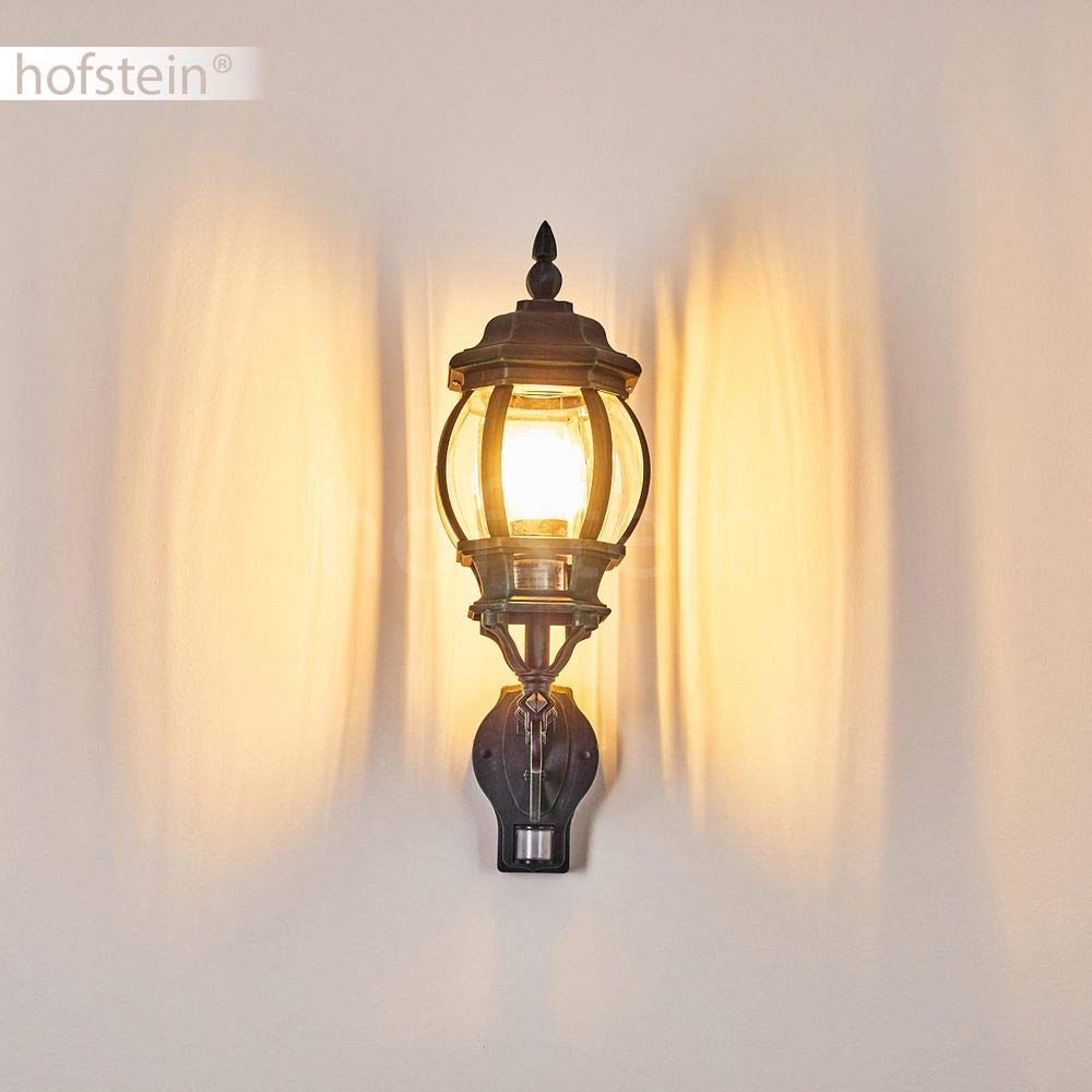 HOFSTEIN Außenwandleuchte Lentua, Außenwandlampe mit Bewegungsmelder aus Metall/Kunststoff in Schwarz-Grün/Klar, Wandleuchte Up im Retro/Vintage-Design, E27, IP44, Eingangsbereich, Terrasse, Haustür