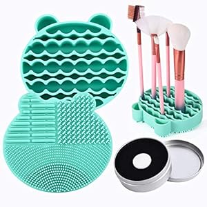Silicon Makeup Brush Cleaning Mat with Brush Drying Holder Brush Cleaner Mat Portable Bear Shaped Cosmetic Brush Cleaner Pad+Makeup Brush Dry Cleaned Quick Color Removal Sponge Scrubber Tool (Green)