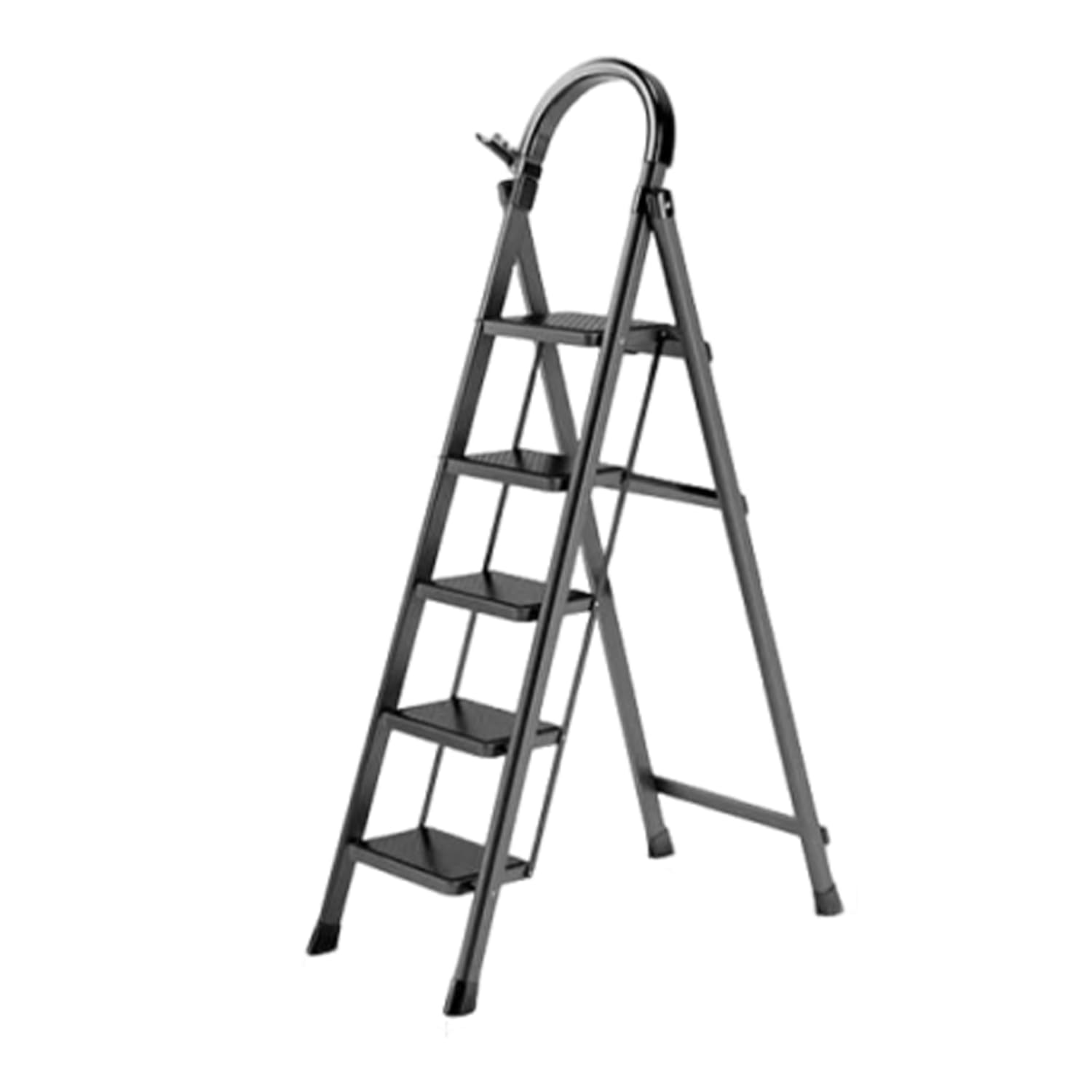 Escalera con pasamanos, escalera plegable con plataforma, 3/4/5 peldaños, patas de herradura antideslizantes, peldaños anchos, para casa, cocina, jardín, 150 kg (negro, 5 peldaños)