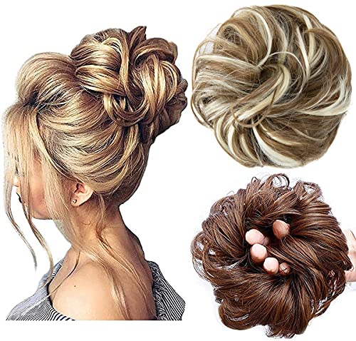 Messy Bun Hair Piece Thick Updo Scrunchies Synthetic Hair Extensions Ponytail Hair Wig Hairpiece Ash Brown & Bleach Blonde