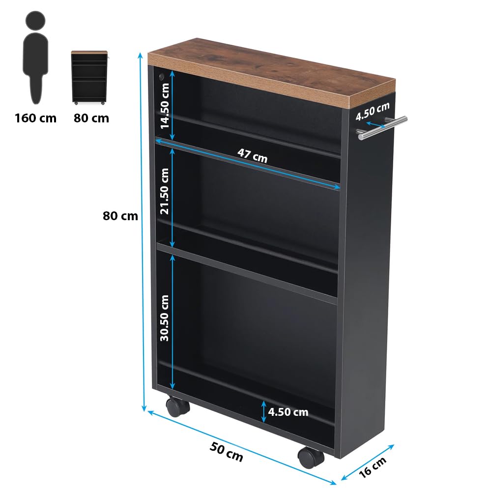 Shally Dogan Carrello Portaoggetti da Cucina Slim Design Industrial, Carrellino Multiuso Salvaspazio Nero con 4 Ripiani e Ruote Mobili a 360°, Scaffalatura Portatutto 50 x 16 x 80 cm (Nero)