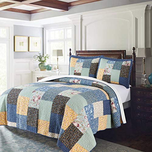 Kasentex Contemporary Multi-Print Quilt – 100% Cotton, Embroidery Square Patch Design, King 110X96”, Printed Multi-Blue #TOP3