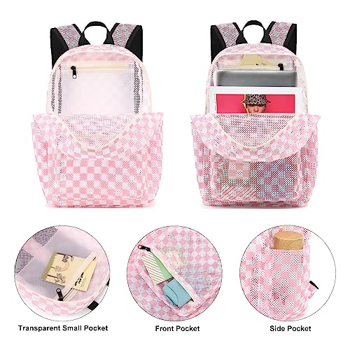 Checkered Mesh Backpack for Girls, Kids Teens School Backpacks Women Bookbags Semi-transparent Beach Backpacks (Pink)2