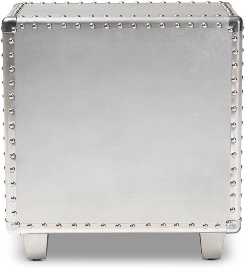 BOWERY HILL Contemporary Metal Nightstand, Silver Finish, 2-Drawer Design with Rivet Detailing, Tapered Feet, Industrial Style Bedroom or Living Room Accent Piece