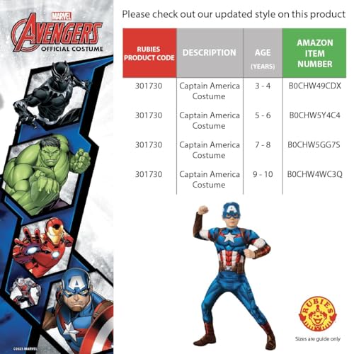 Rubies Official Marvel Avengers Captain America Classic Childs Costume, Kids Superhero Fancy Dress (9-10 years, 152 cm)