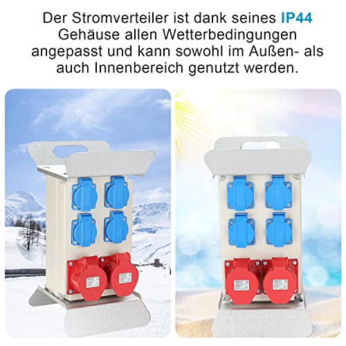 Tysobes Stromverteiler, Wandverteiler, 2x CEE 16A/400V+4x 230V Schuko IP44 5 polig, Baustromverteiler mit kabelsicherem Klappdeckel, für den Innen und Außenbereich, Baustellen