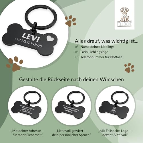 FELLSOCKE Hundemarke mit Gravur aus Edelstahl, Individuell gravierbar, Robuste Tiermarke, Dogtag Anhänger Hunde, Pferde, Katzen & Welpen (Glänzend, Schwarz, 40x21mm)