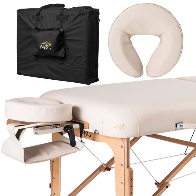 NRG Vedalux Portable Massage Table Package | Vanilla Cream | Folding Lightweight Massage Bed | Professional Spa Table with Face Cradle, Hanging Armrest & Carrying Case