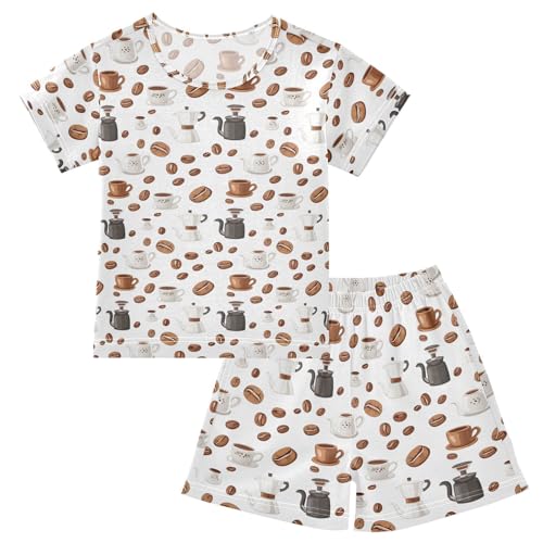 Coffee Beans Cups Pajama Set, Short Sleeve Cotton Sleepwear Nightwear