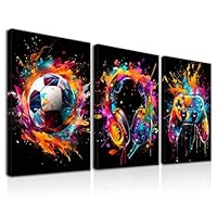 Dazzlewall 3Pcs Framed Graffiti Boys Room Wall Art, Colourful Football Headphone Gamepad Pictures for Bedroom Teens Playroom Boy Dorm Home Decor 12x16 in