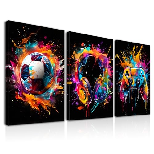 Dazzlewall 3Pcs Gerahmt Graffiti Jungen Zimmer Wandkunst, Bunte Fußball Kopfhörer Gamepad Bilder für Schlafzimmer Teenager Spielzimmer Junge Schlafsaal Wohnkultur 12x16 zoll