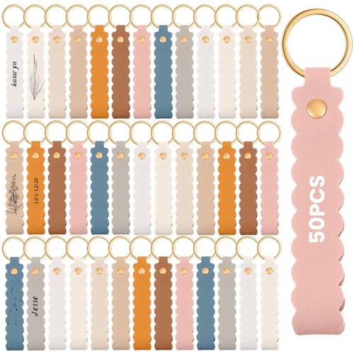 Image of Scalloped PU Leather Keychain Blanks Laser Engraving Blanks Loop Keychain Kit with Key Ring for DIY