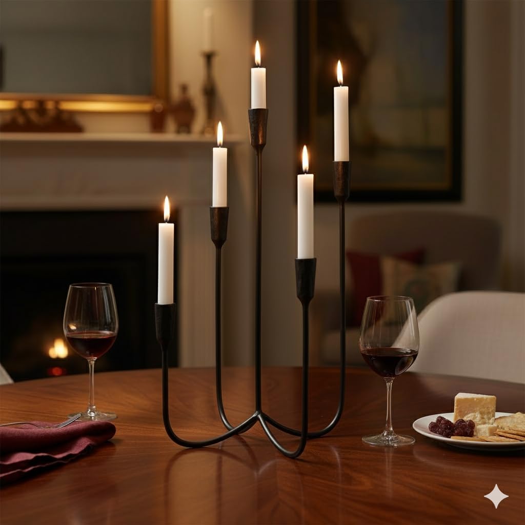 Candelabra for 5 Taper Candles – Hand-Forged Candle Holder with Elegant Vintage Finish – Decorative Centerpiece for Dining Room, Living Room or Mantel Decor（Black）