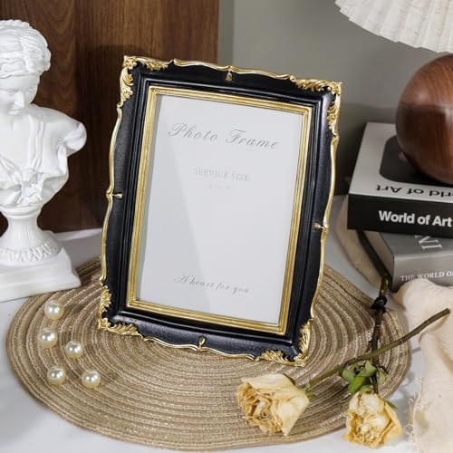 Vintage Picture Frame 5x7 Black and Gold Frame, Ornate Textured Hand-Crafted Resin Photo Frames with Glass Front, Decorative Picture Frame for Wall & Tabletop, Antique Frame Home Decor