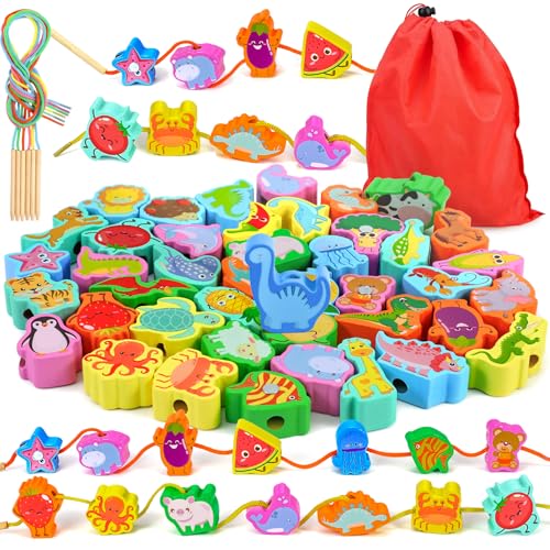 Ophy 48 STK Fädelspiel 6 Themen ab 2 3 4 5 6 Jahre für Kinder Holzperlen, Motorikspielzeug Geschenk für Kinder Lernspielzeug Holzspielzeug und Geburtstag Einfädeln Spielzeug ab 3 Jahre 4Seasons