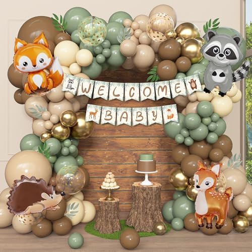 Image of 167Pcs Woodland Animals Baby Shower Decorations, Woodland Balloon Garland Arch Kit with Welcome Baby Banner Sage Green Brown Neutral Forest Animal Foil Balloons for Forest Safari Jungle Party Supplies