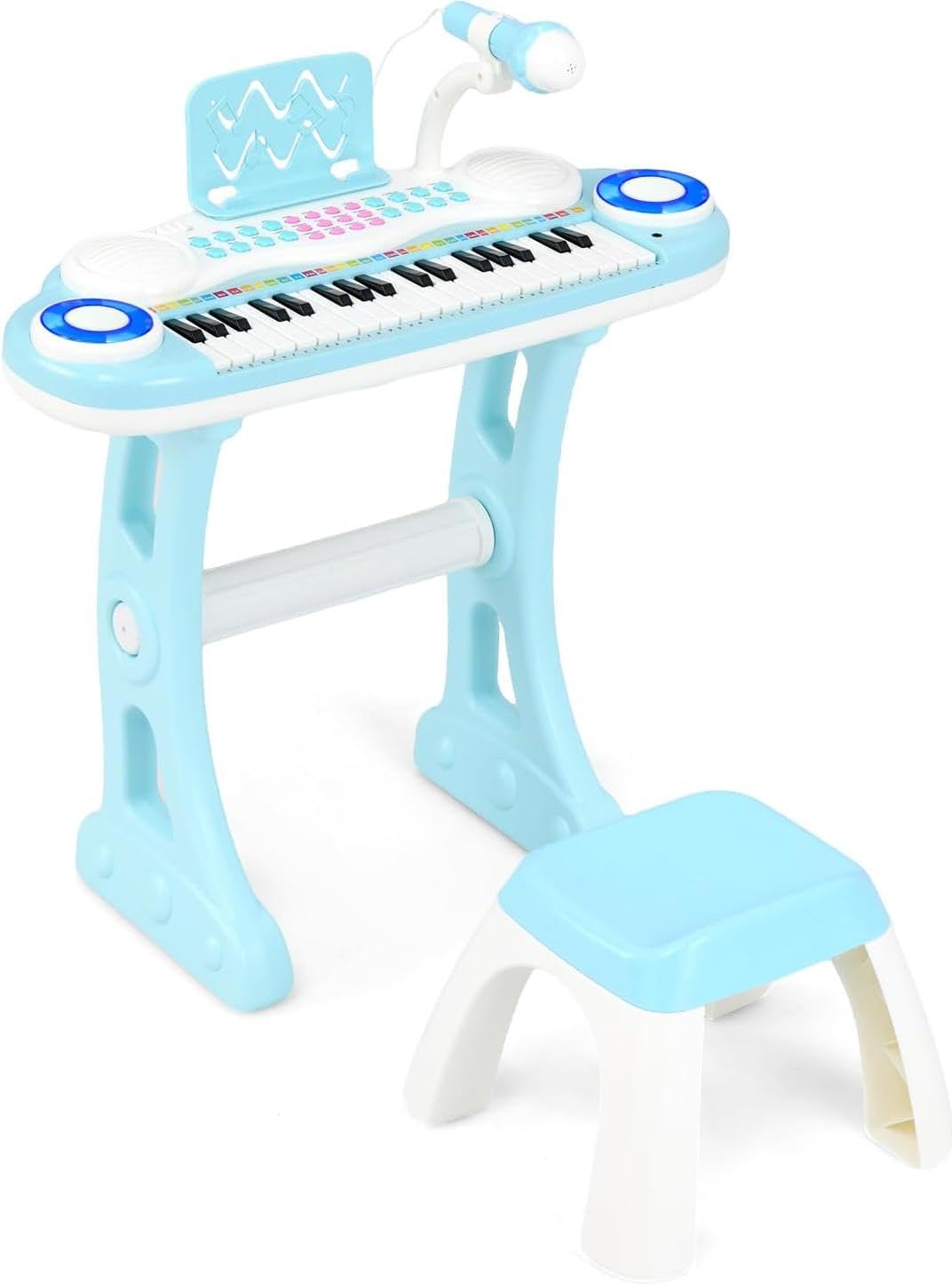 GOPLUS Teclado Piano Infantil de 37 Teclas, Teclado Electrónico con Taburete, Atril, Micrófono y Luz, Piano Digital de Juguete con 8 Ritmos y 8 Sonidos para Niños y Niñas 18+ Meses (Azul)