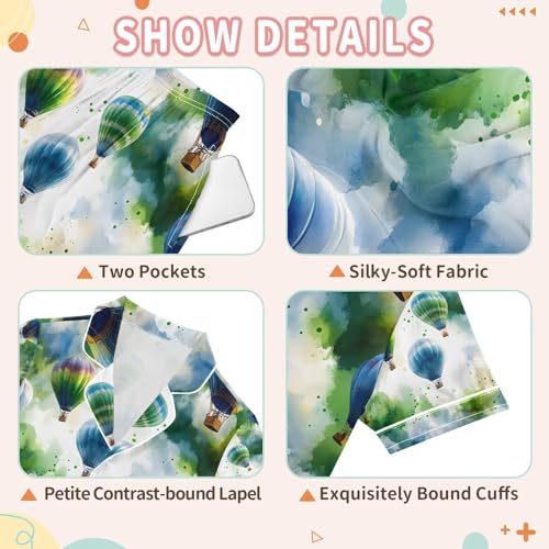 senya Hot Air Balloon Green Satin Summer Pajama Sets Silk Short Sleeve Button Down Sleepwear3