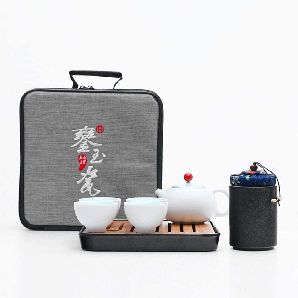 Kungfu Tea Set, Portable Travel Tea Set, Ceramic Travel Tea Pot Mini Chinese Kung Fu Teapot 1 Pot 4 Cups Porcelain Teacup Teapot with Portable Bag, Housewarming Feast Gift (Color : White)