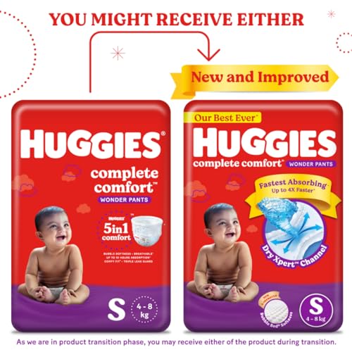 Image of Huggies Complete Comfort Wonder Pants | Pant Style Baby Diapers Small Size (S), 86 Count | India's Fastest Absorbing Diaper, Prevents Diaper Rash, Ideal for 4 to 8 Kgs (Pack of 2)