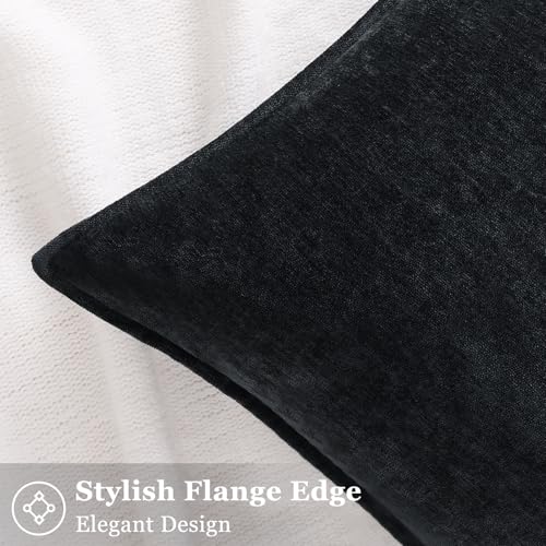 decorUhome Couch Throw Pillow Covers 18x18 Set of 2, Decorative Soft Euro Neutral Chenille Pillow Covers with Elegant Design for Sofa Bed Living Room Home Decor, Black