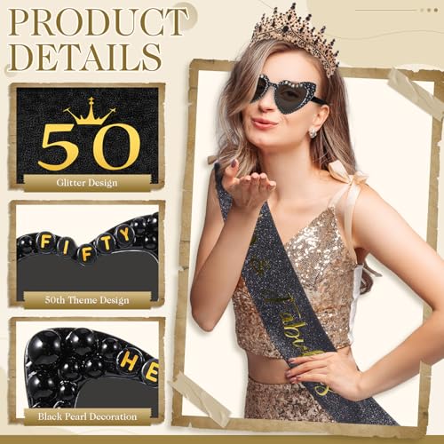 3 Pcs 50th Birthday Decorations for Women, 50th Birthday Sash and Crown Tiara 50 & Fabulous Hello Fifty Sunglasses(Black Gold)3