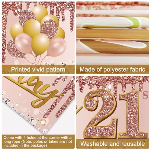 Image of Excelloon 21st Birthday Banner Decorations for Her, Pink Rose Gold Happy 21 Birthday Yard Banner Party Supplies, 21 Year Old Girls' Womens' Bday Background Sign for Outdoor Indoor