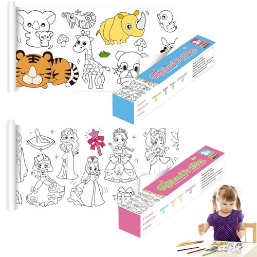 XIATIAN 2 Rollos de Dibujo para Niños, Rollo Papel Pintar Niños 30 x 300 cm, Rollo de Dibujo Autoadhesivo Animales y Princesa, Ideal para Colorear la Pared, Juego de Regalo