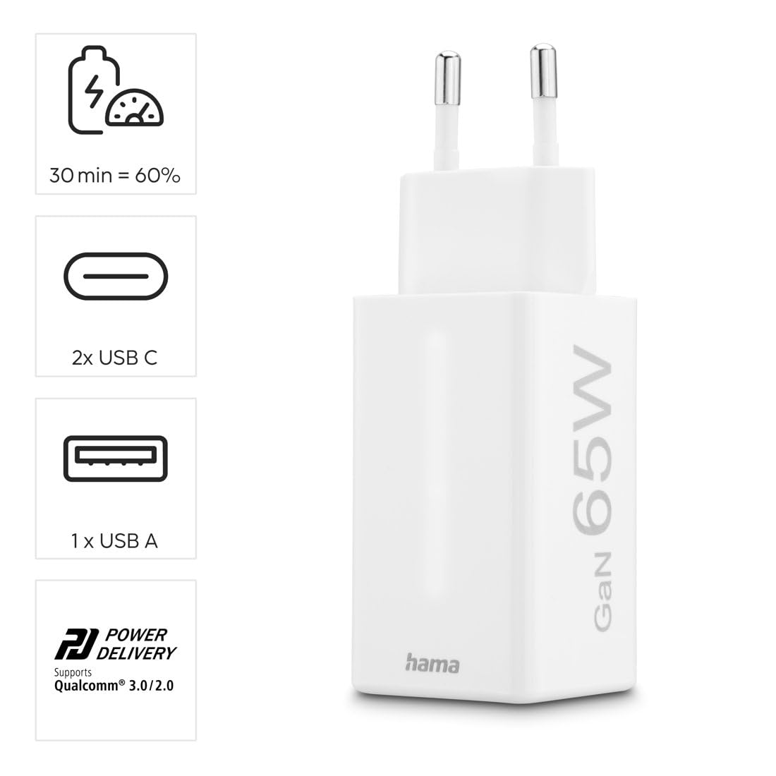 Hama 65W Chargeur USB C Rapide 3 Ports - Technologie GaN, Certifié Power Delivery & Qualcomm® Quick Charge™ 3.0, Petit et Compact - Blanc