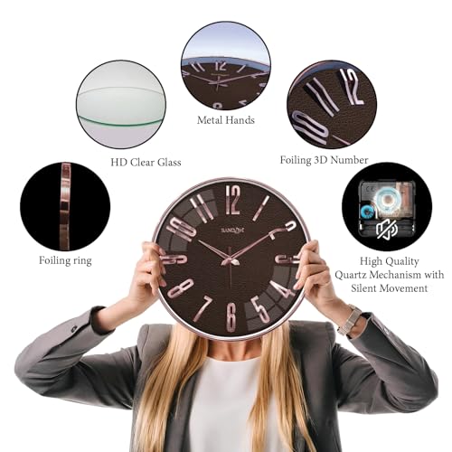 Image of RANDOM Sweep Silent Wall Clock, Non-Ticking Quartz Movement with 3D Foiling Numbers. (Rose Gold and Brown)