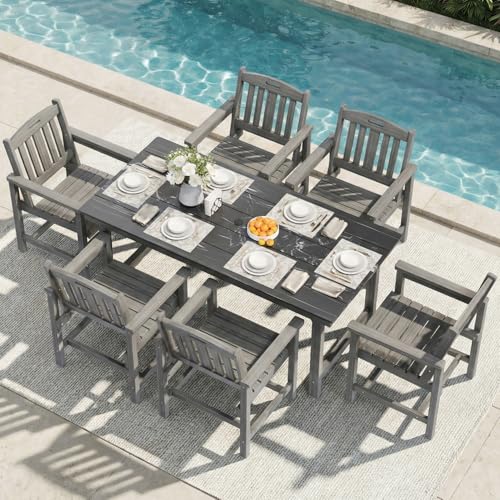 Mdeam 7-Piece HIPS Outdoor Dining Set, 66.9' Marble Texture Patio Table with Umbrella Hole, 440LBS Capacity, 6 Wider Chairs, Dining Table Set for 6, Outdoor Furniture with Galvanized Steel Frame, Grey