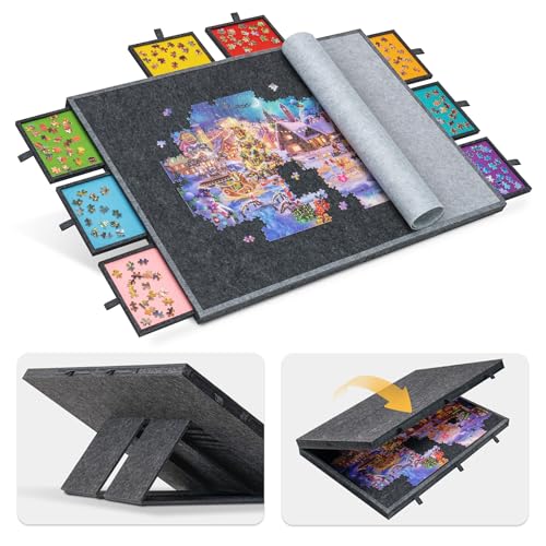 Lavievert Planche de puzzle inclinable 2000 pièces 8 tiroirs colorés Couverture Table pliable 4 angles réglables Chevalet intégré