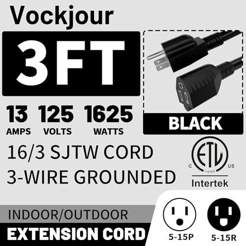 Image of 16 /3 Black Indoor Outdoor Extension Cord 3 Ft 2 Pack Waterproof, Extension Cord with 3 Prong Grounded Plug,13A 1625W 16AWG SJTW, Flexible Weatherproof Power Cable