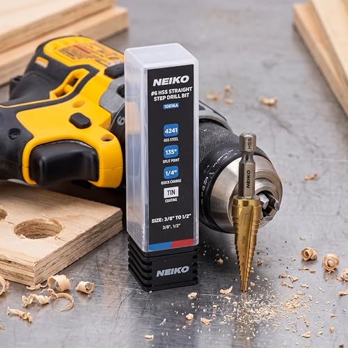 Image of NEIKO 10616A Step Drill Bit, 2 Steps 3 /8 inch to 1 /2 inch Straight High Speed Steel, Titanium Nitride Coated, 1 /4 inch Quick Change Step Bits for Steel, Metal, Wood, Plastic, Unibit Cone Drill Bits, Two Flute